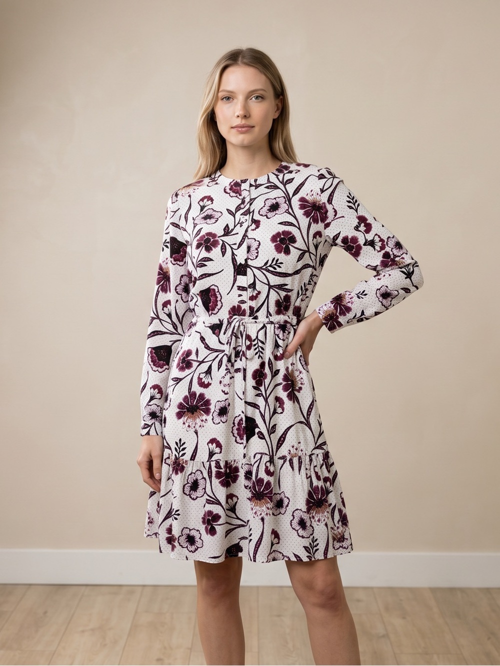 LOFT Chic & Feminine Long-Sleeve Floral Tiered Dress w/ Flattering Cinched Waist